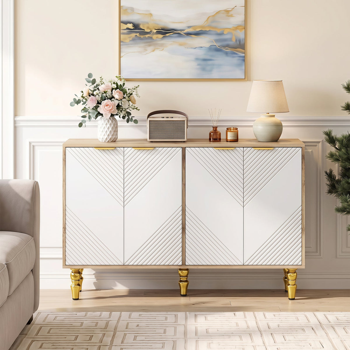 47in chevron fluted sideboard buffet with white doors, natural wood frame, gold legs on Tampa Home & Garden Store