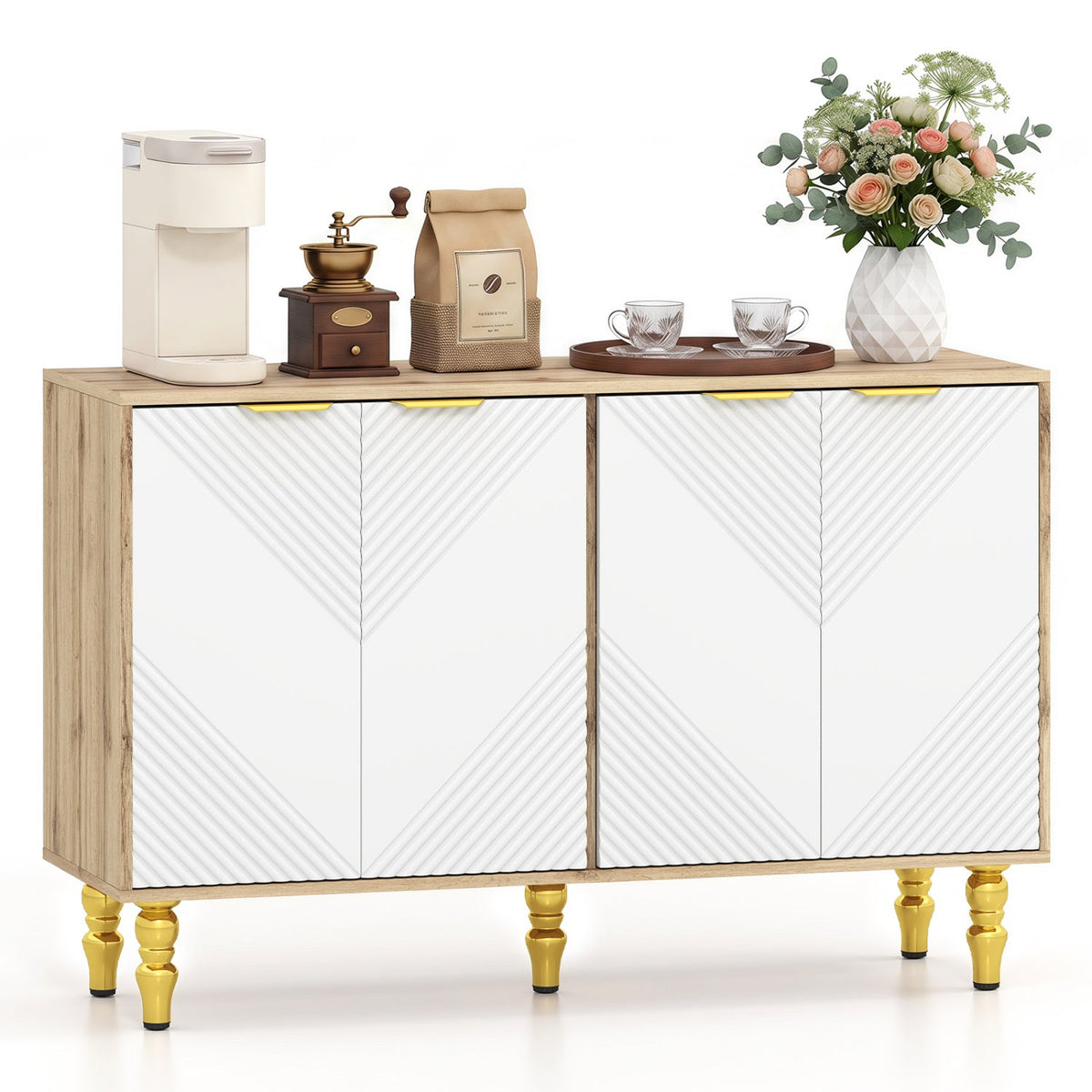 47in Sideboard Buffet Cabinet with Chevron Fluted Doors, wood frame, white doors, gold handles on Tampa Home & Garden Store
