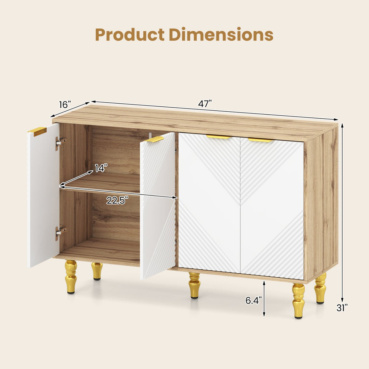 47in Sideboard Buffet Cabinet with chevron fluted doors, wood frame, white doors, gold legs by DirectDeals on Tampa Home & Garden Store