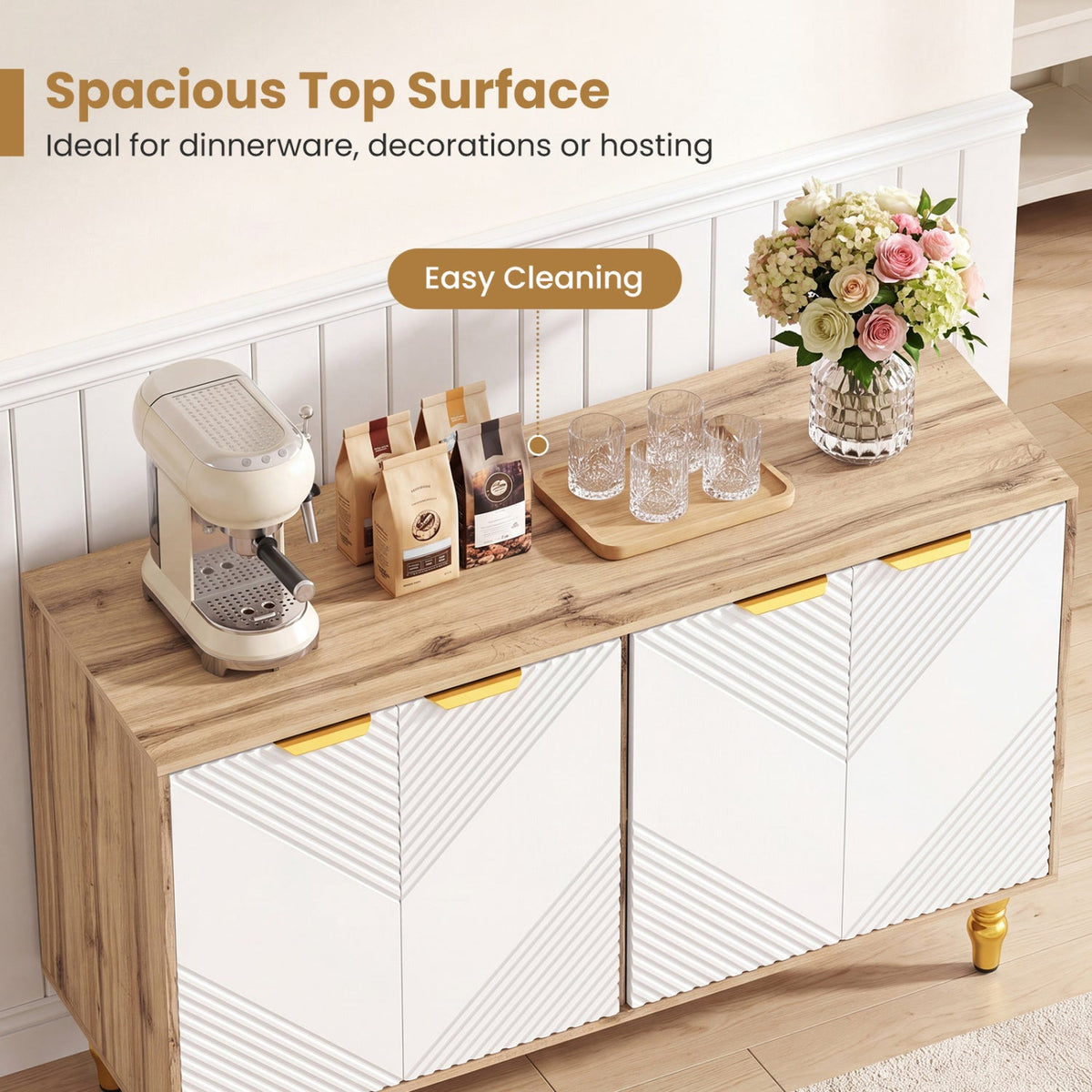 47in sideboard buffet cabinet DirectDeals with chevron fluted white doors and natural wood top on Tampa Home & Garden Store