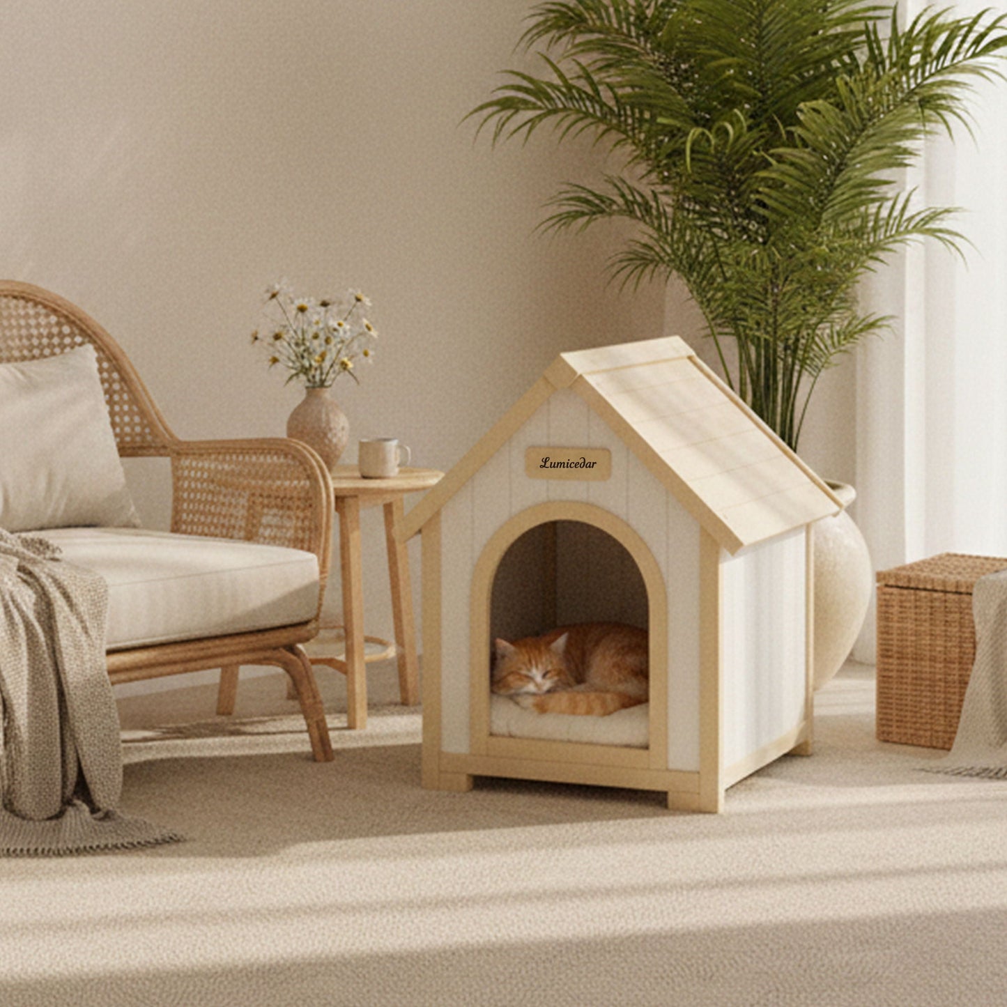 Indoor dog house with cushion in creamy white and light yellow for small pets by HouseOfZazla on Tampa Home & Garden Store