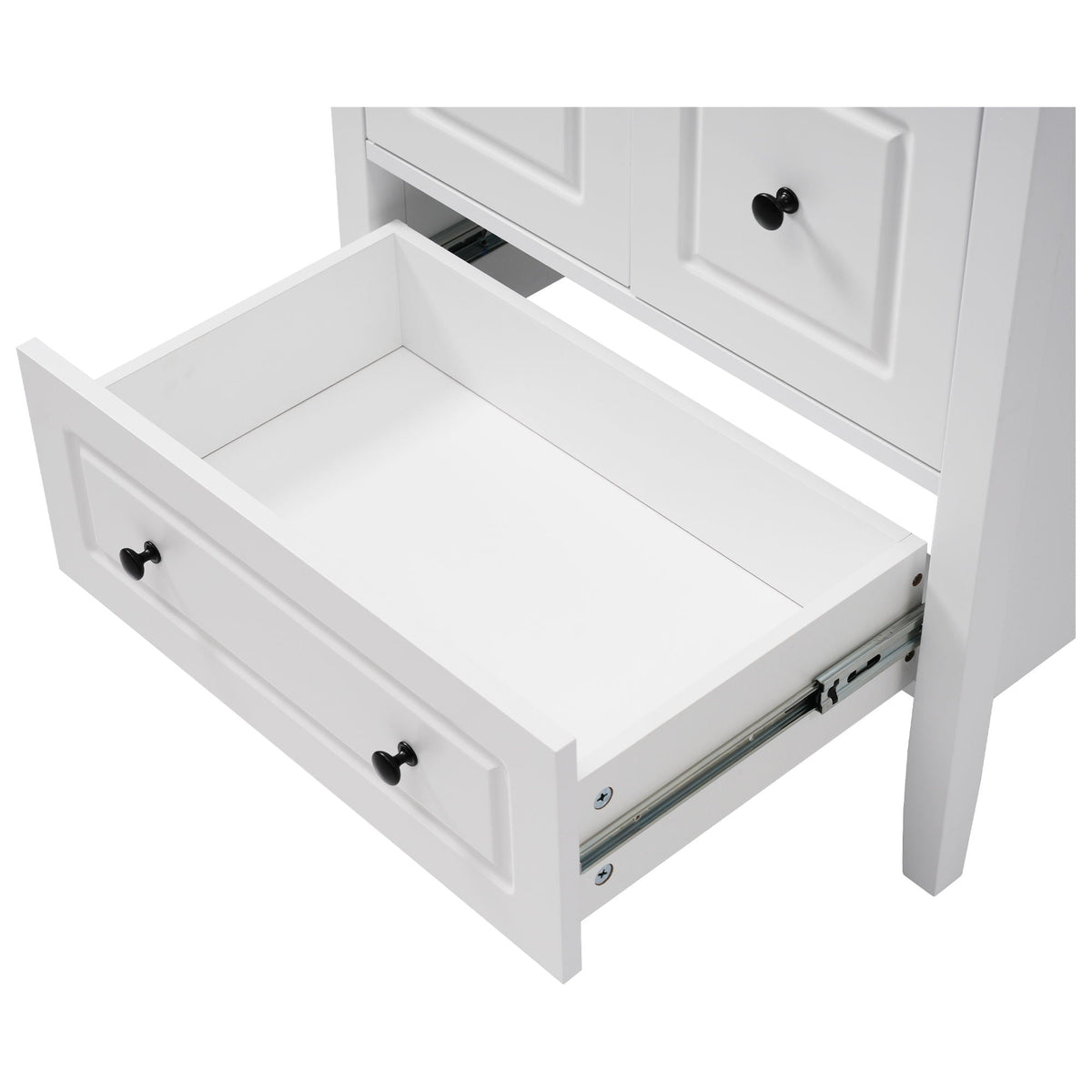 Retro white vanity with black knobs; soft-close drawers, lower drawer view by HouseOfZazla on Tampa Home & Garden Store