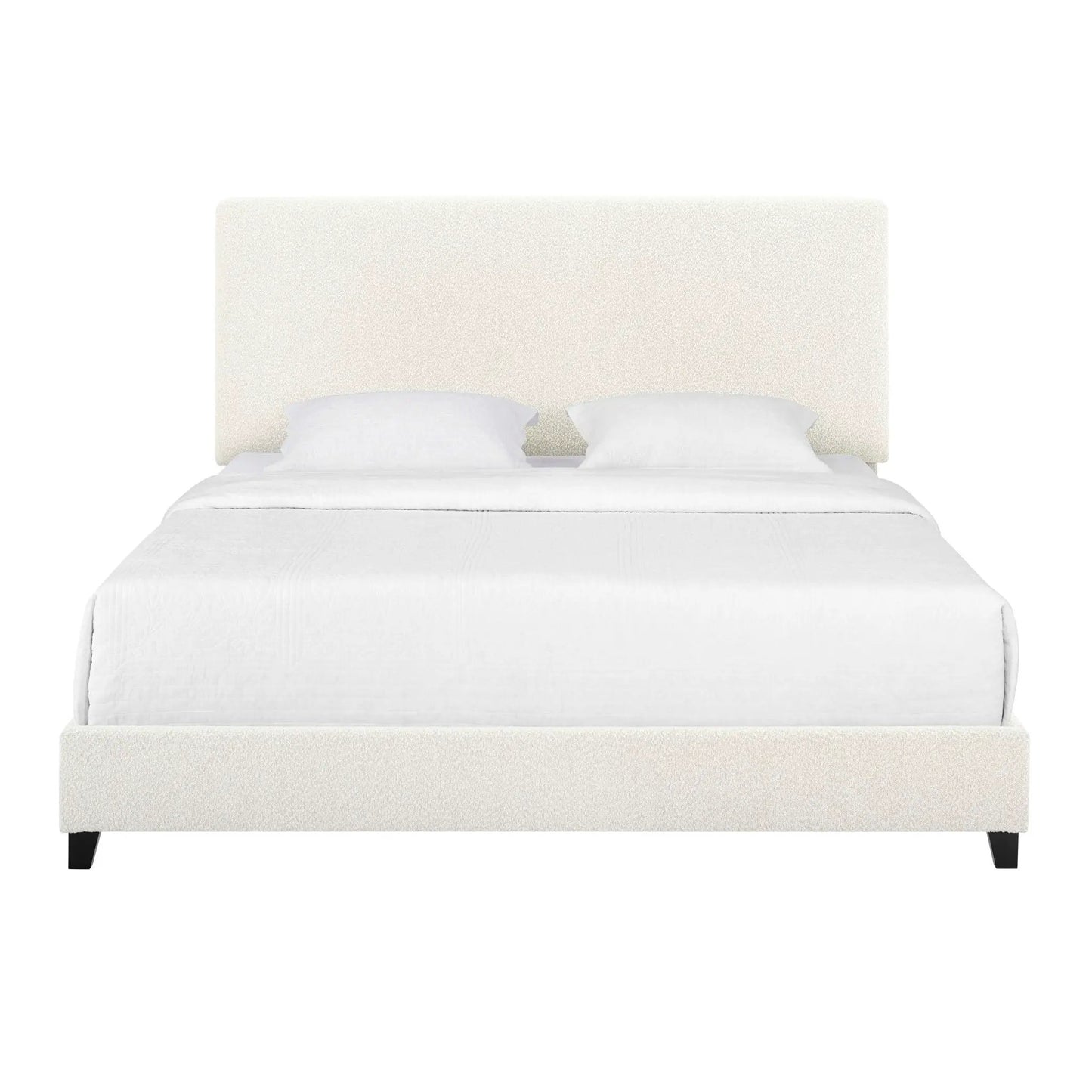 Upholstered headboard platform bed in ivory fabric with tall padded headboard and white bedding on Tampa Home & Garden Store