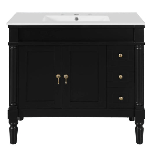 Bathroom vanity with white ceramic sink on black cabinet, 2 doors 3 drawers, soft-close on Tampa Home & Garden Store