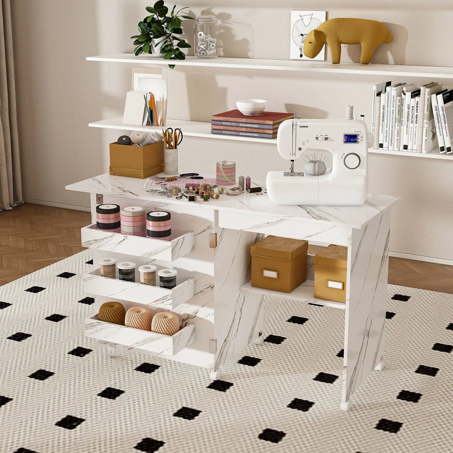 White 4-in-1 folding sewing table with lockable wheels, craft station with sewing machine on Tampa Home & Garden Store