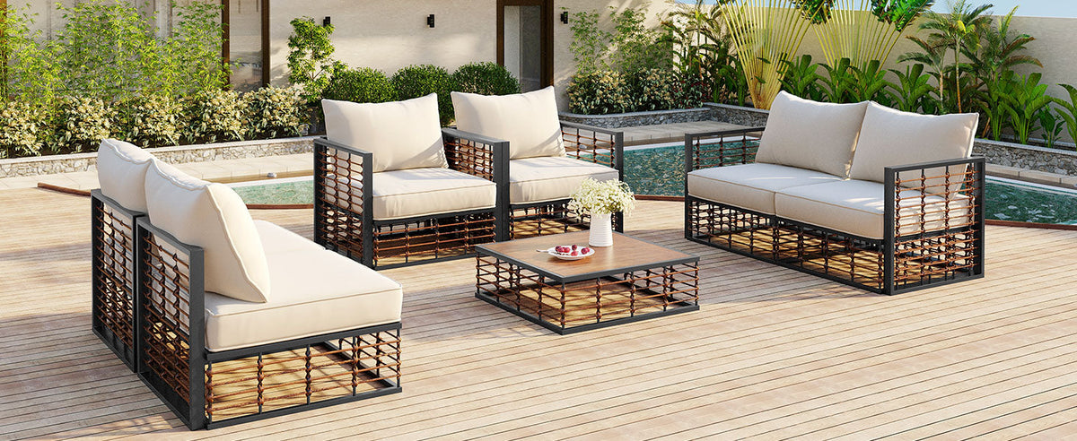 TOPMAX 7-Piece Metal Patio Sectional Sofa Set with beige cushions and brown woven panels on Tampa Home & Garden Store