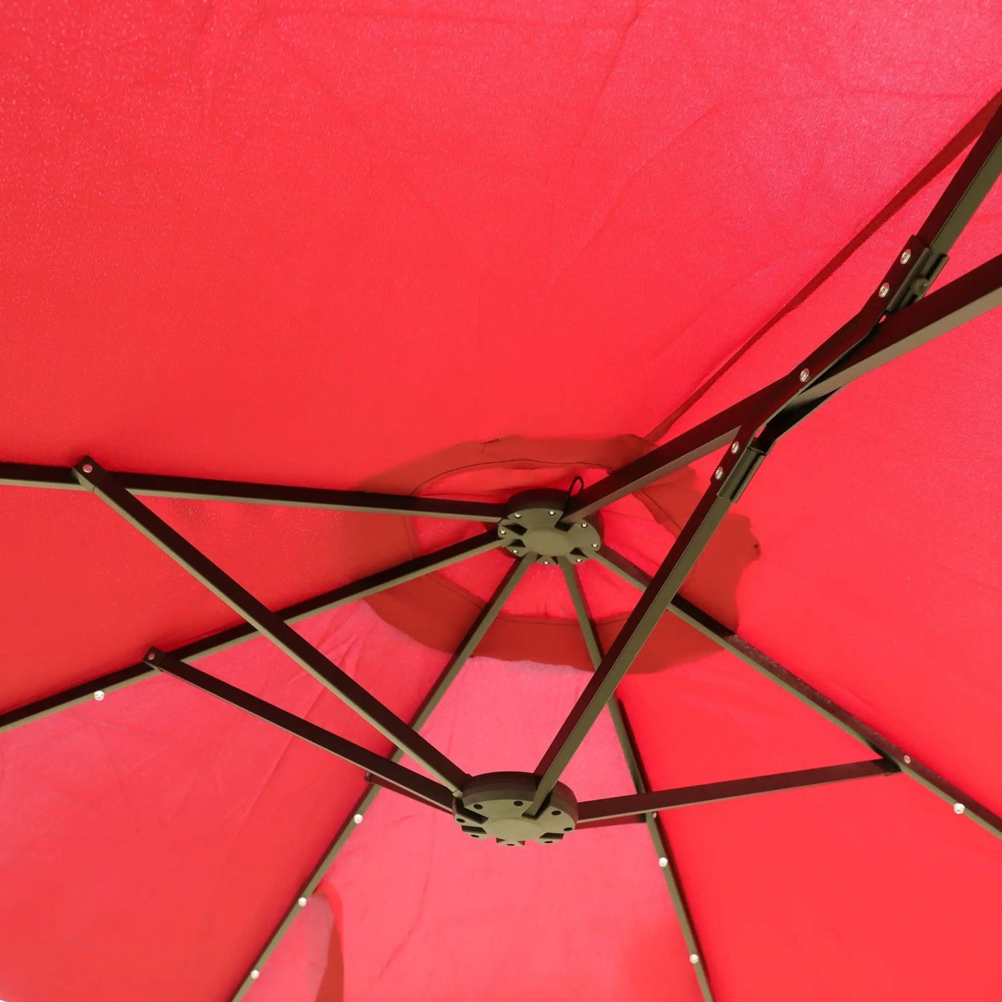 Double-Sided Market Umbrella with Lights and Base, red canopy, metal frame on Tampa Home & Garden Store