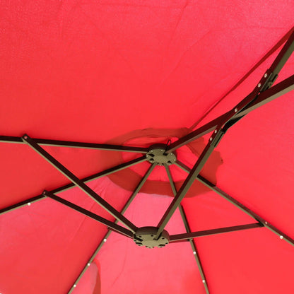 Double-Sided Market Umbrella with Lights and Base, red canopy, metal frame on Tampa Home & Garden Store