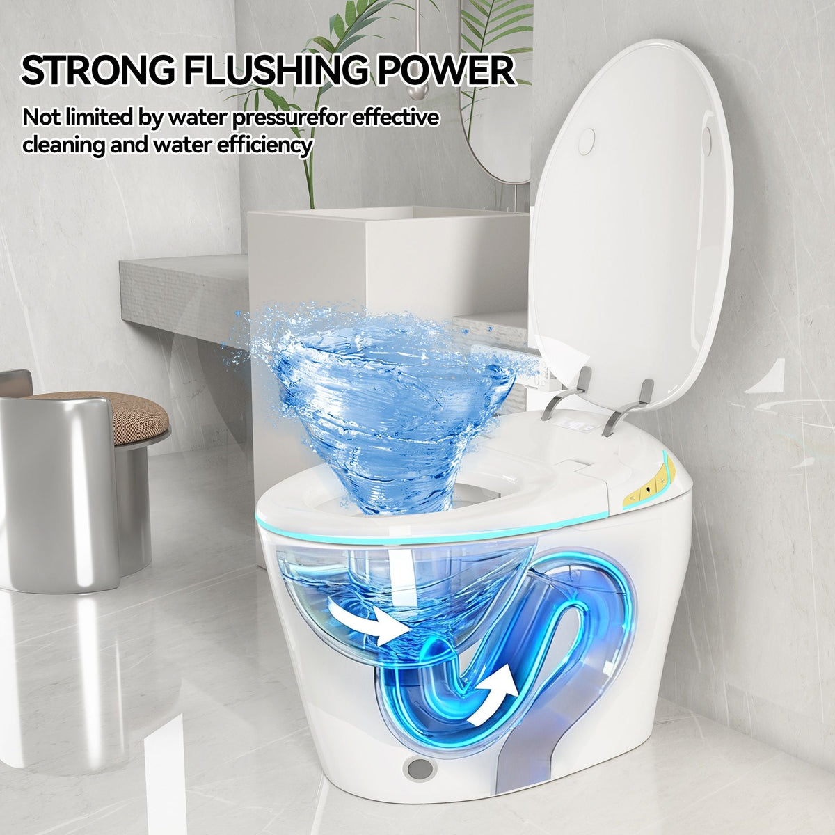 White ceramic smart toilet with integrated bidet, lid open in a modern bathroom scene on Tampa Home & Garden Store