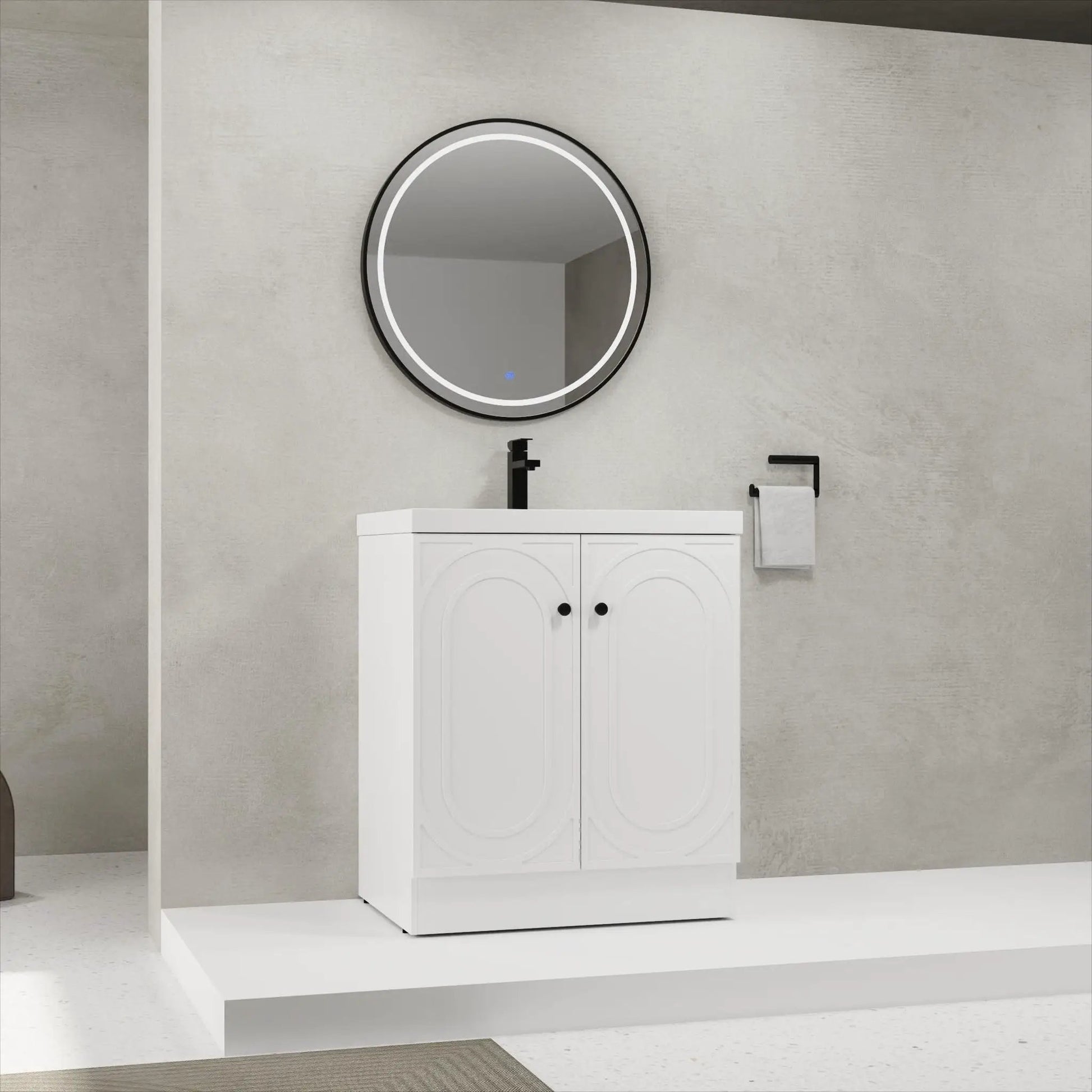 White freestanding vanity with resin sink and soft-close doors by Unique Piece Furniture on Tampa Home & Garden Store
