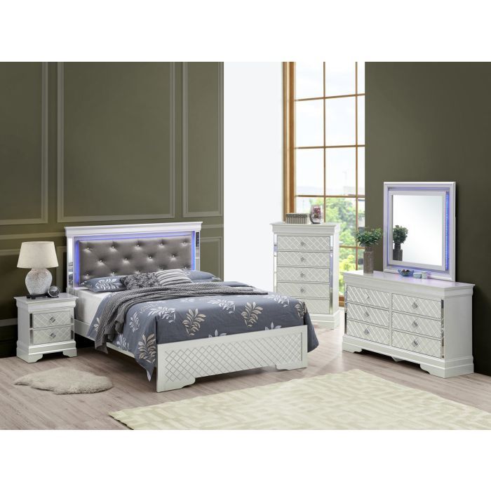 Bed with LED light accents headboard, upholstered tufted gray fabric on white frame on Tampa Home & Garden Store