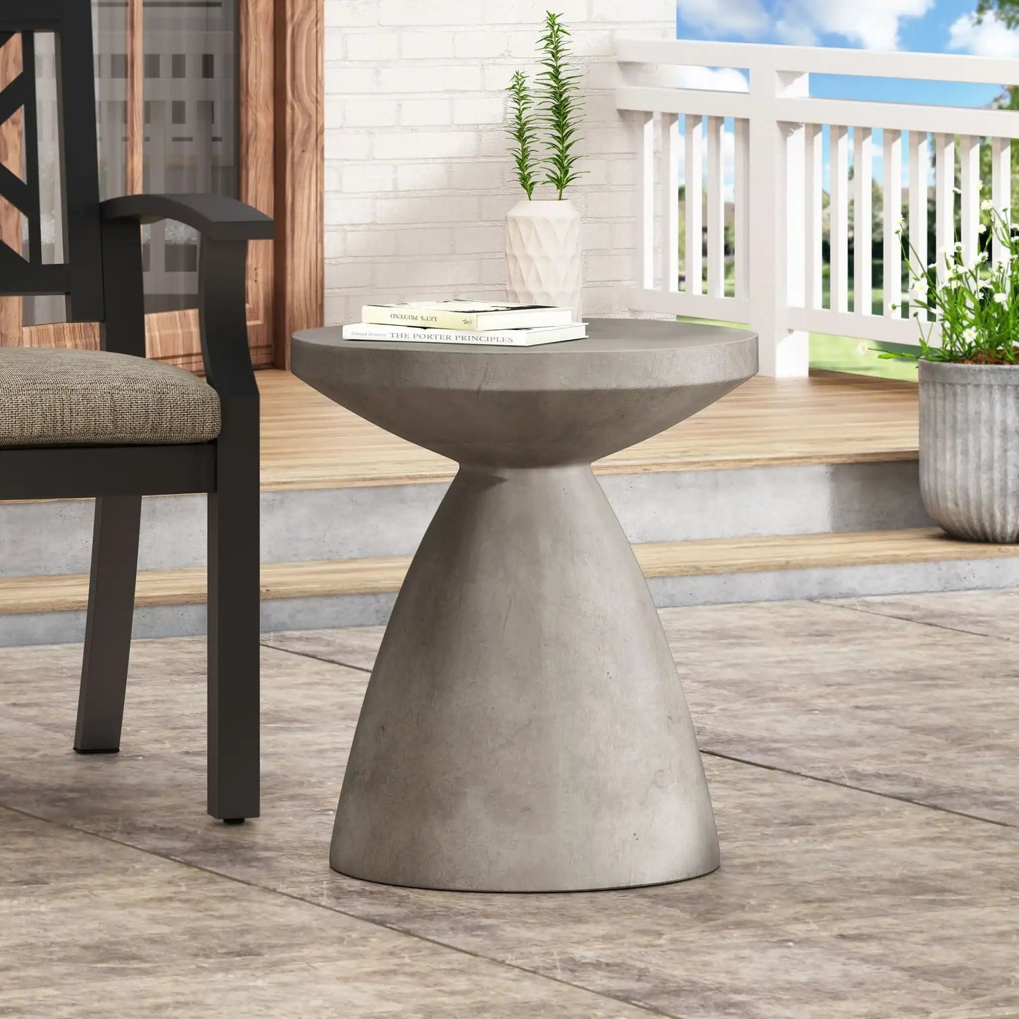 Outdoor lightweight concrete round side table by HouseOfZazla with gray pedestal base on Tampa Home & Garden Store