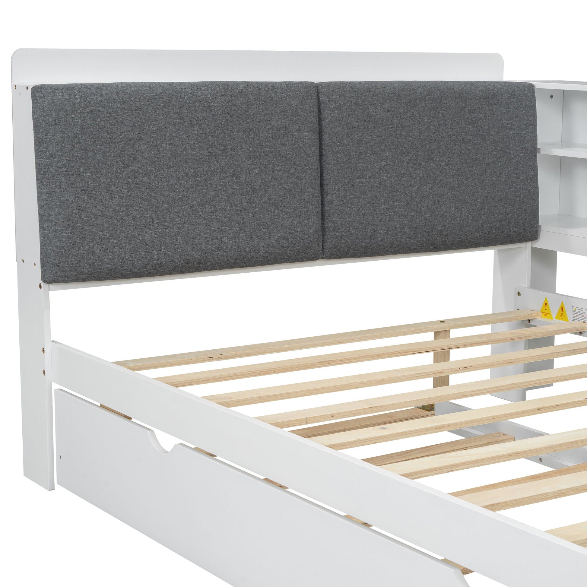 Platform bed with trundle and storage headboard white frame, upholstered panels and shelves on Tampa Home & Garden Store