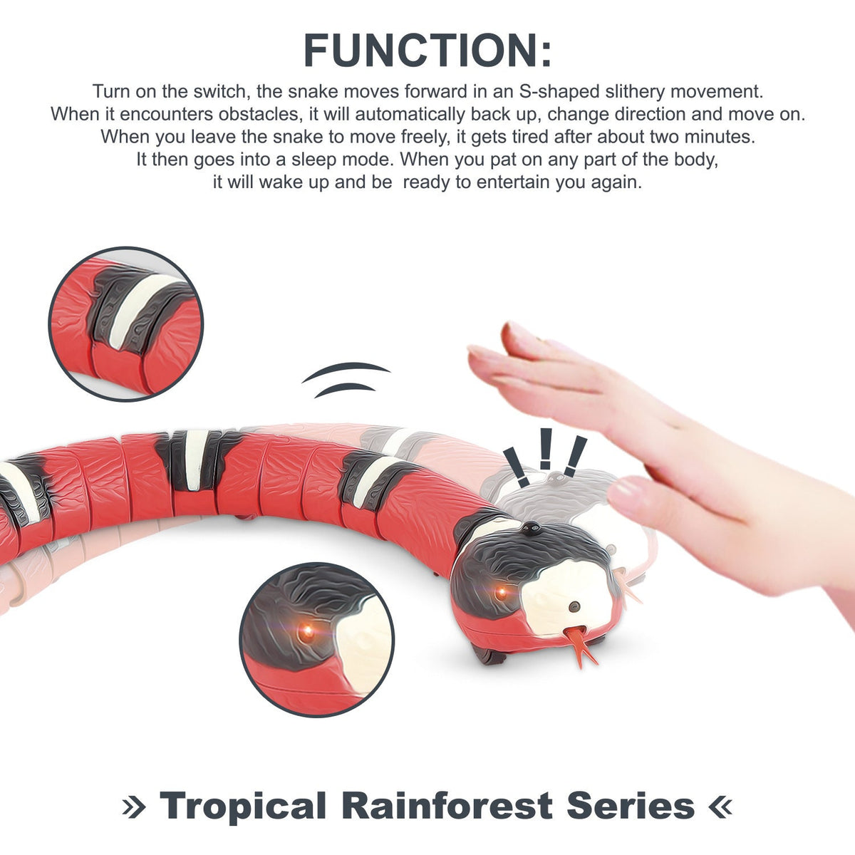 Smart Sensing Cat Snake Toy by Sell My Stuff, red and black segmented, USB rechargeable on Tampa Home & Garden Store