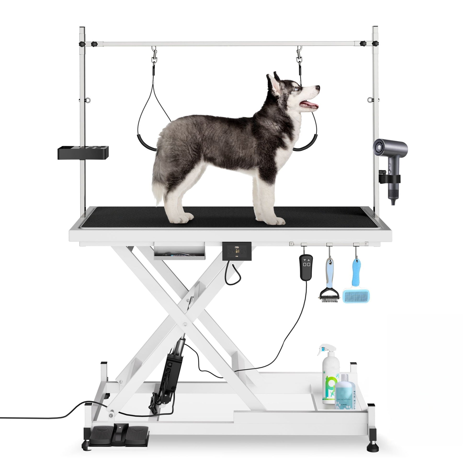 Electric pet grooming table with height-adjustable frame and overhead arms dog on non-slip mat on Tampa Home & Garden Store
