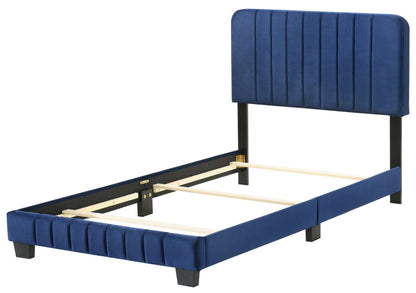Channel Tufted Bed blue velvet upholstered headboard and rails with vertical channels black legs on Tampa Home & Garden Store