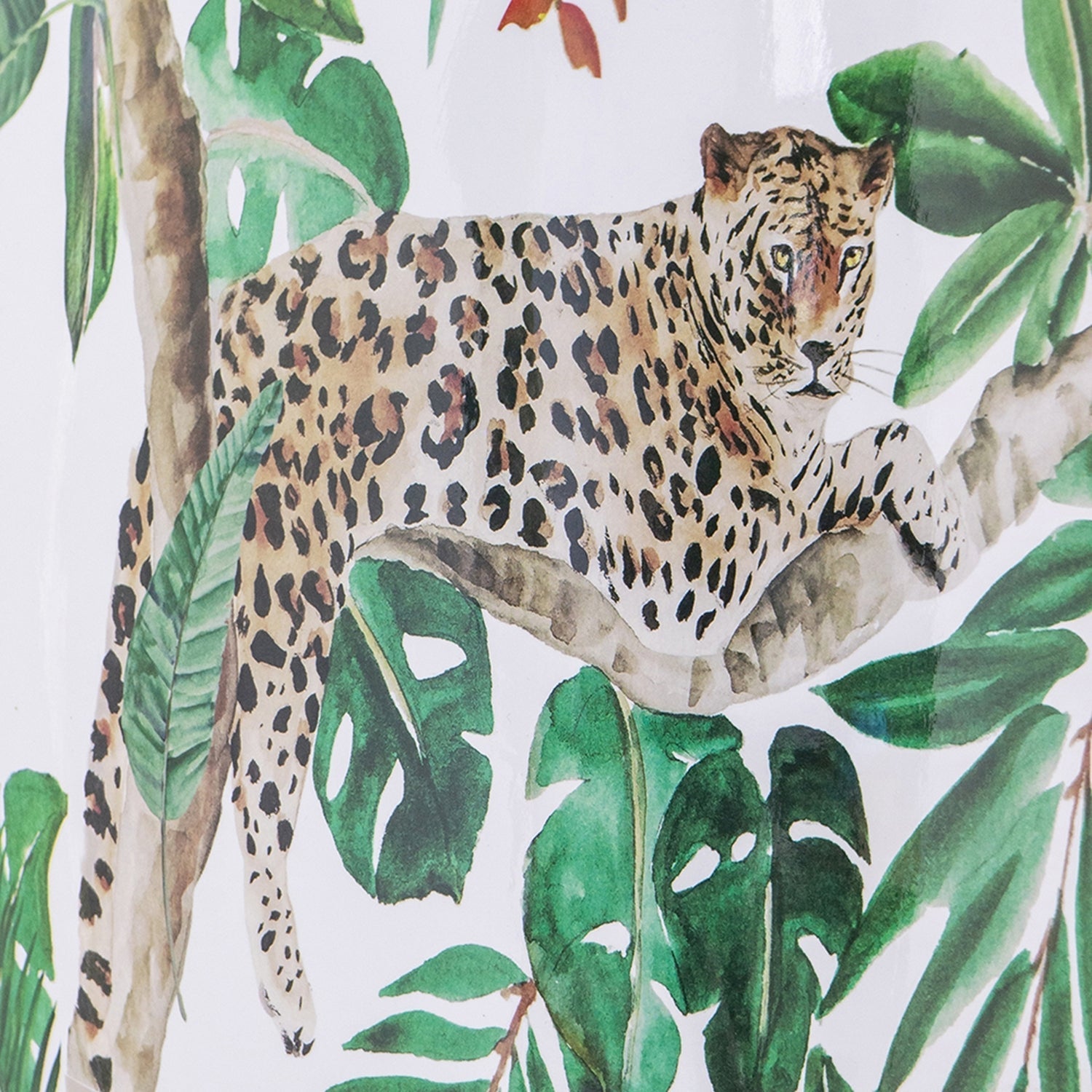 Ceramic garden stool jungle-themed print leopard among green leaves on white background on Tampa Home & Garden Store