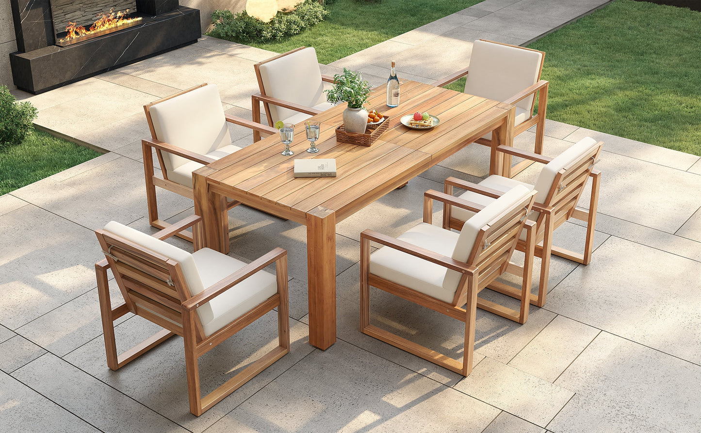 Trexm 7 Piece Acacia Patio Table and 6 Chairs Set