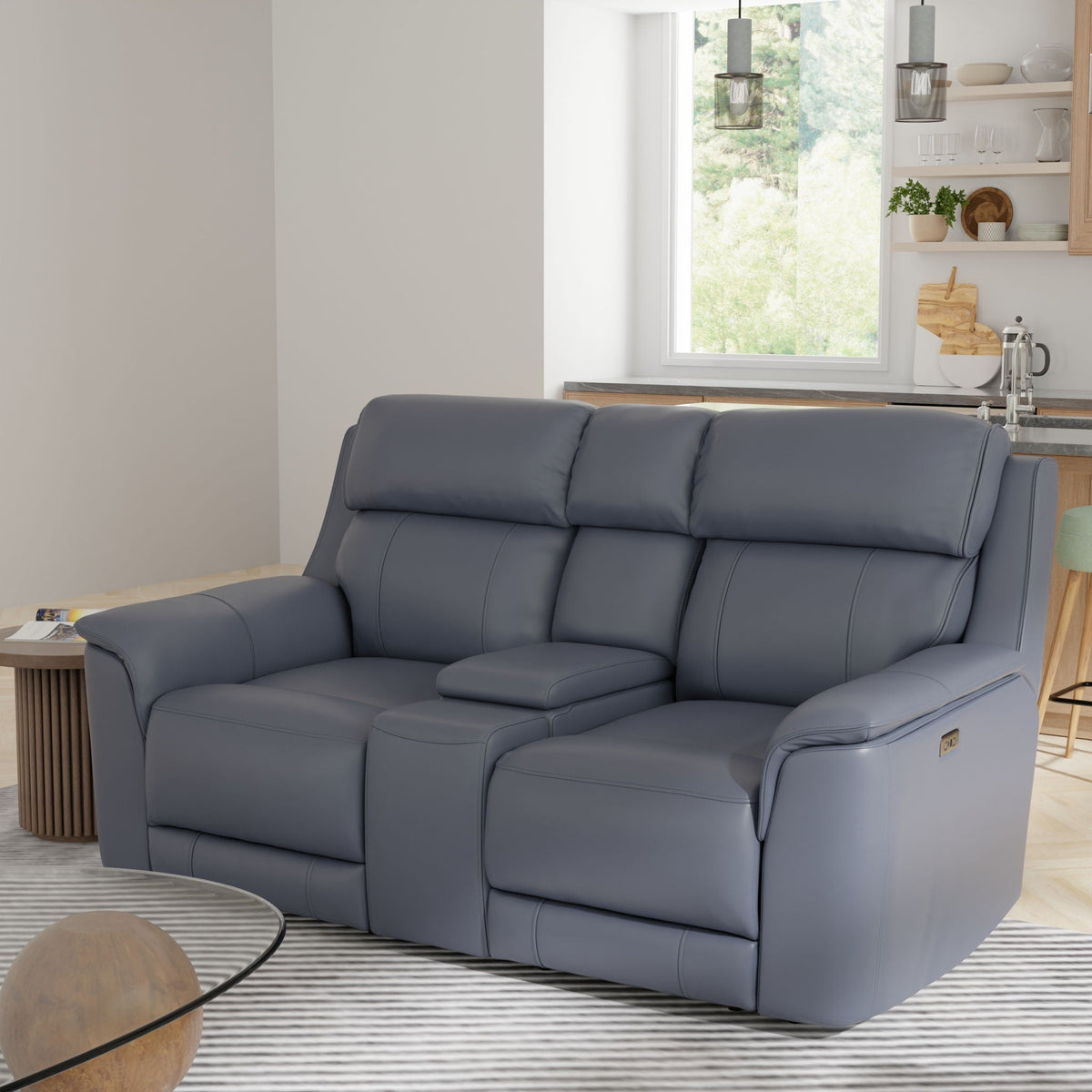 Dual Power Reclining Loveseat and Center Console by HouseOfZazla, blue-gray leather on Tampa Home & Garden Store