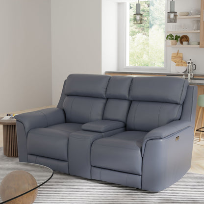 Dual Power Reclining Loveseat and Center Console by HouseOfZazla, blue-gray leather on Tampa Home & Garden Store