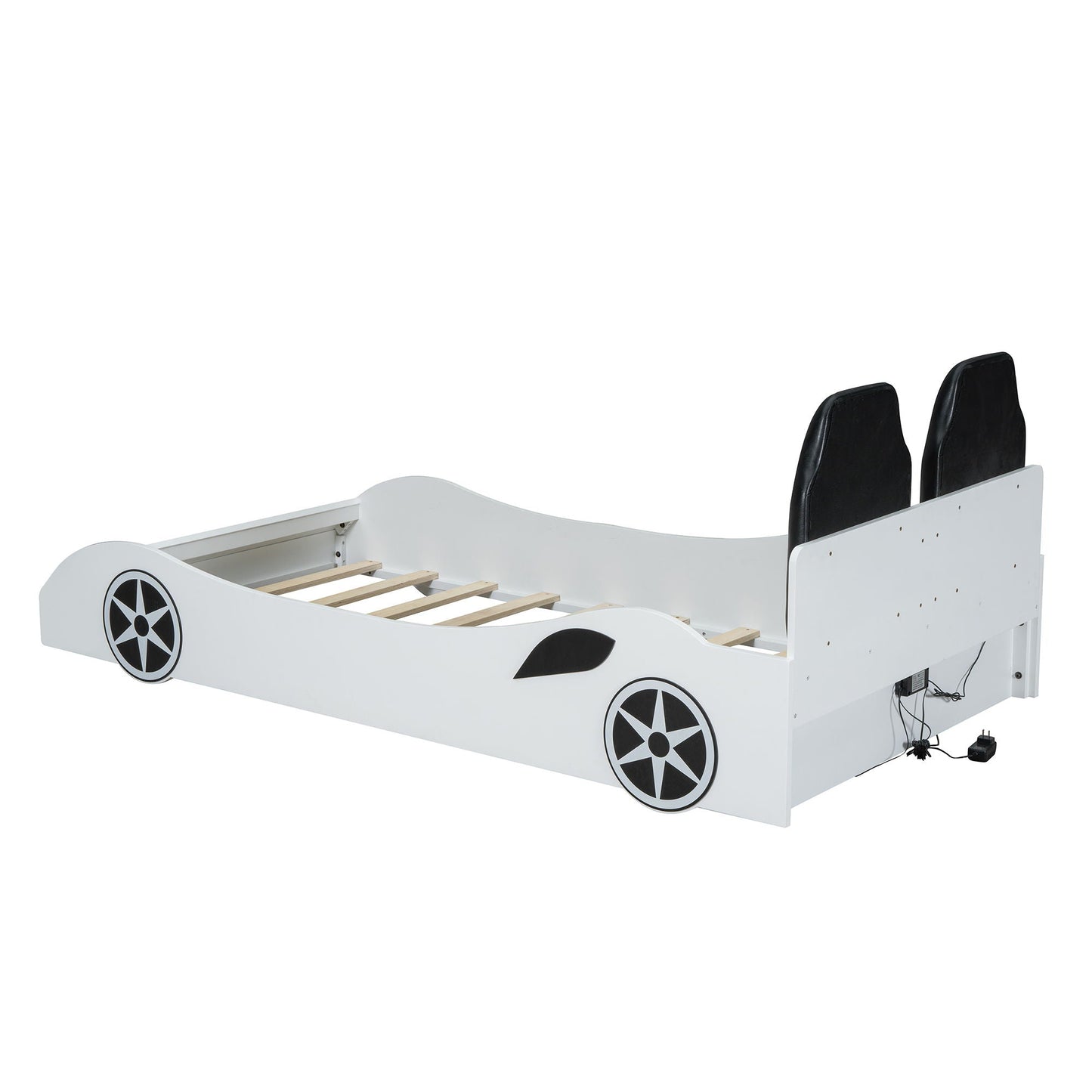 Race car shaped platform bed with LED and white finish upholstered backrest seats, HouseOfZazla on Tampa Home & Garden Store