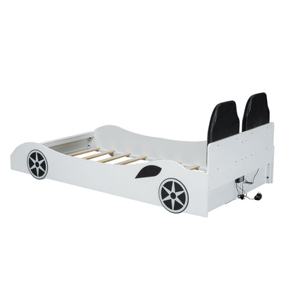Race car shaped platform bed with LED and white finish upholstered backrest seats, HouseOfZazla on Tampa Home & Garden Store