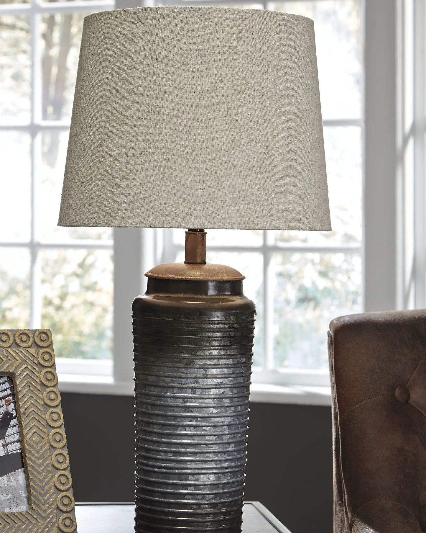 Norbert table lamp beige linen shade with ribbed ceramic base by Unique Piece Furniture on Tampa Home & Garden Store