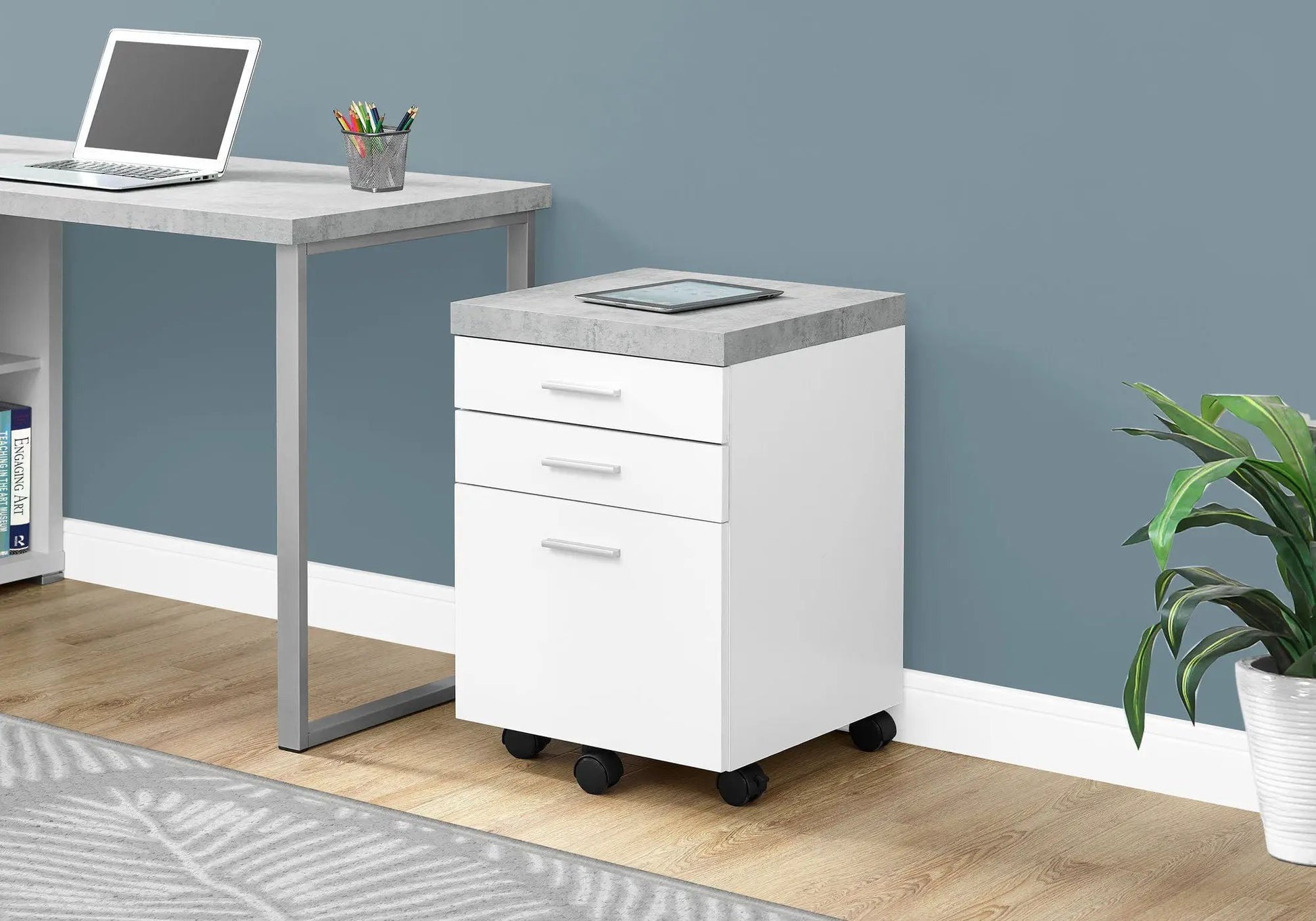 Rolling file cabinet with white finish and gray concrete top on casters by Unique Piece on Tampa Home & Garden Store