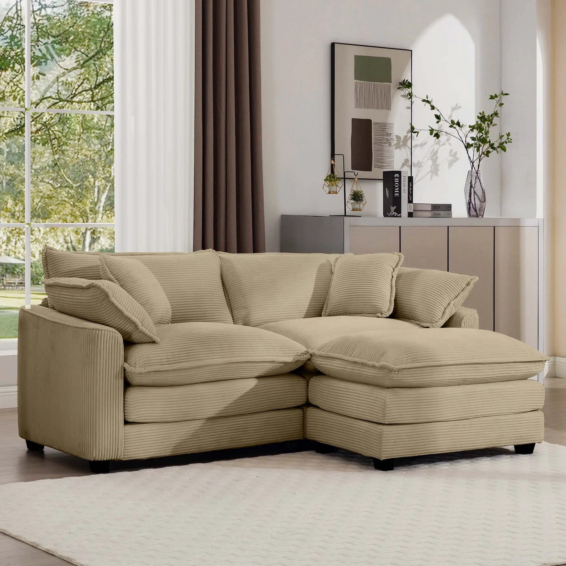 Modern oversized modular cushion sofa with ottoman beige fabric deep seating on Tampa Home & Garden Store