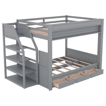 Wood full-size bunk bed with gray finish, storage staircase, and 3 drawers by HouseOfZazla on Tampa Home & Garden Store