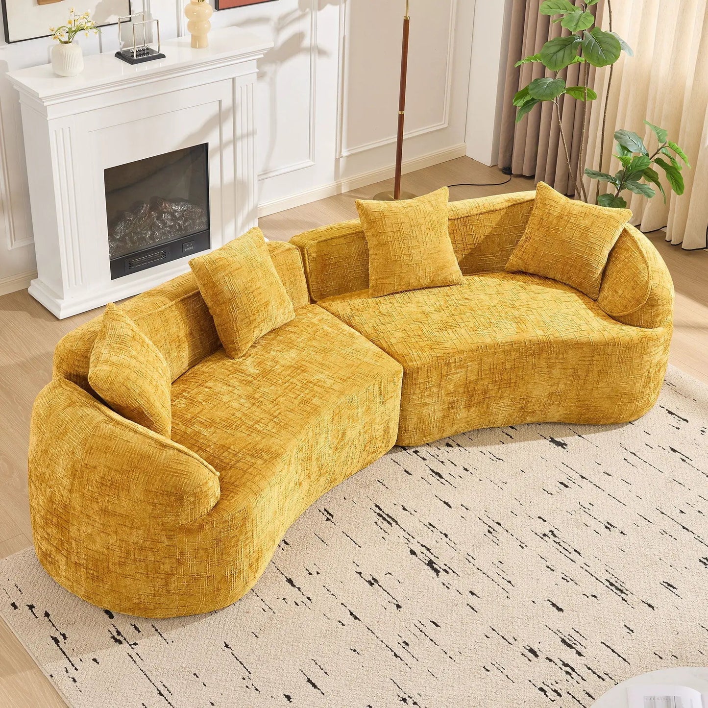 Curved Compressed Sofa in mustard-yellow fabric, Nordic-inspired design by Unique Piece Furniture on Tampa Home & Garden Store
