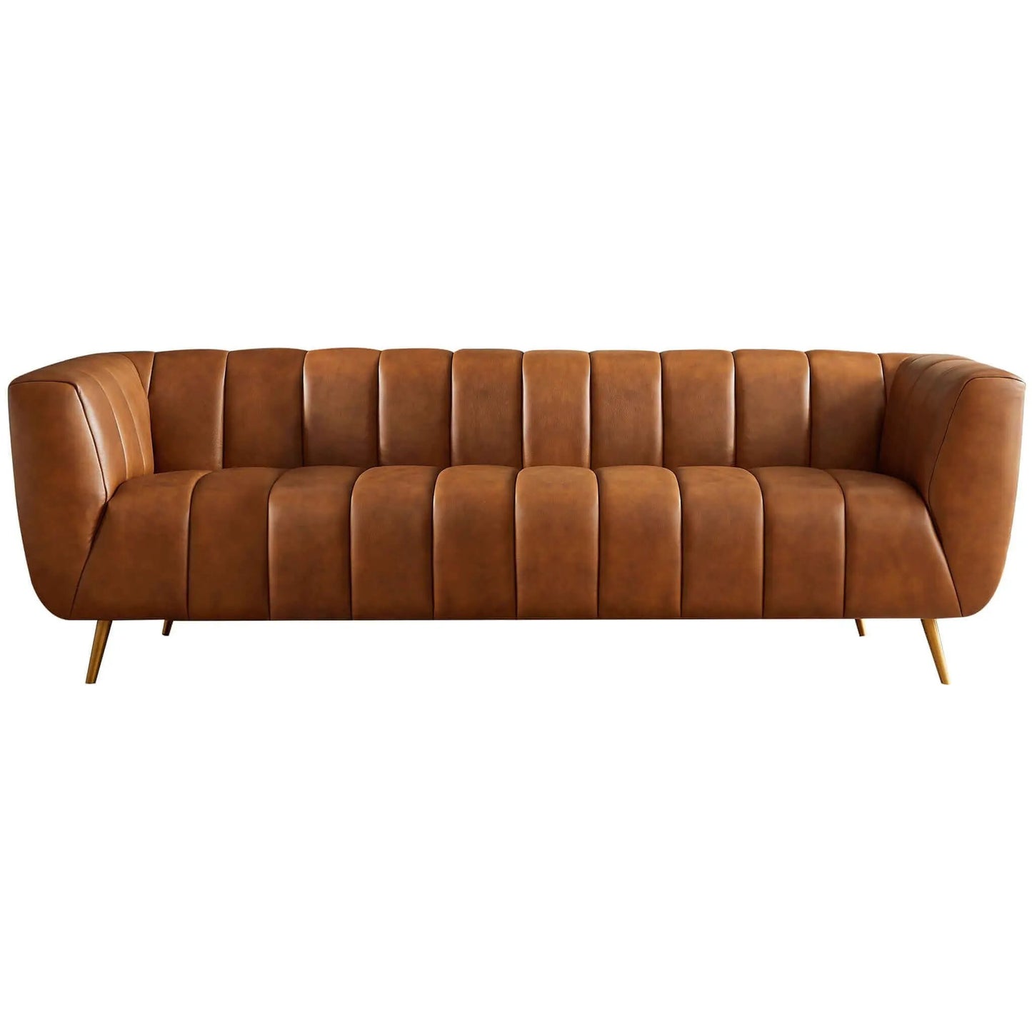 Ava stationary tan leather sofa with vertical channel tufting and gold metal legs on Tampa Home & Garden Store