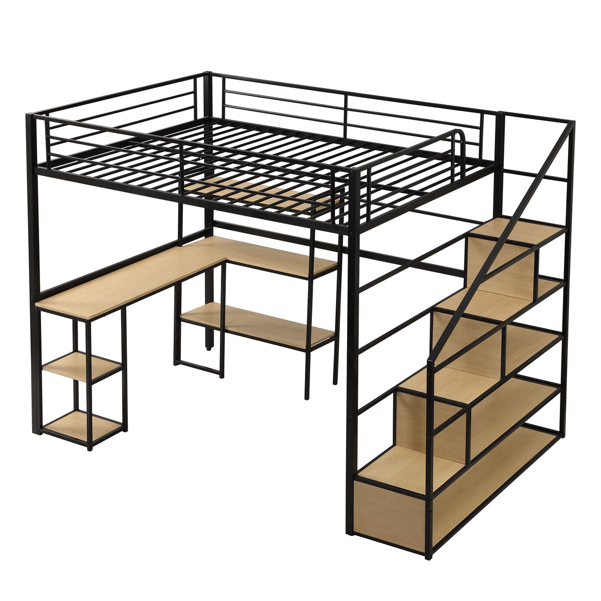 Full size loft bed with staircase in black metal frame by HouseOfZazla; built-in desk and shelves on Tampa Home & Garden Store