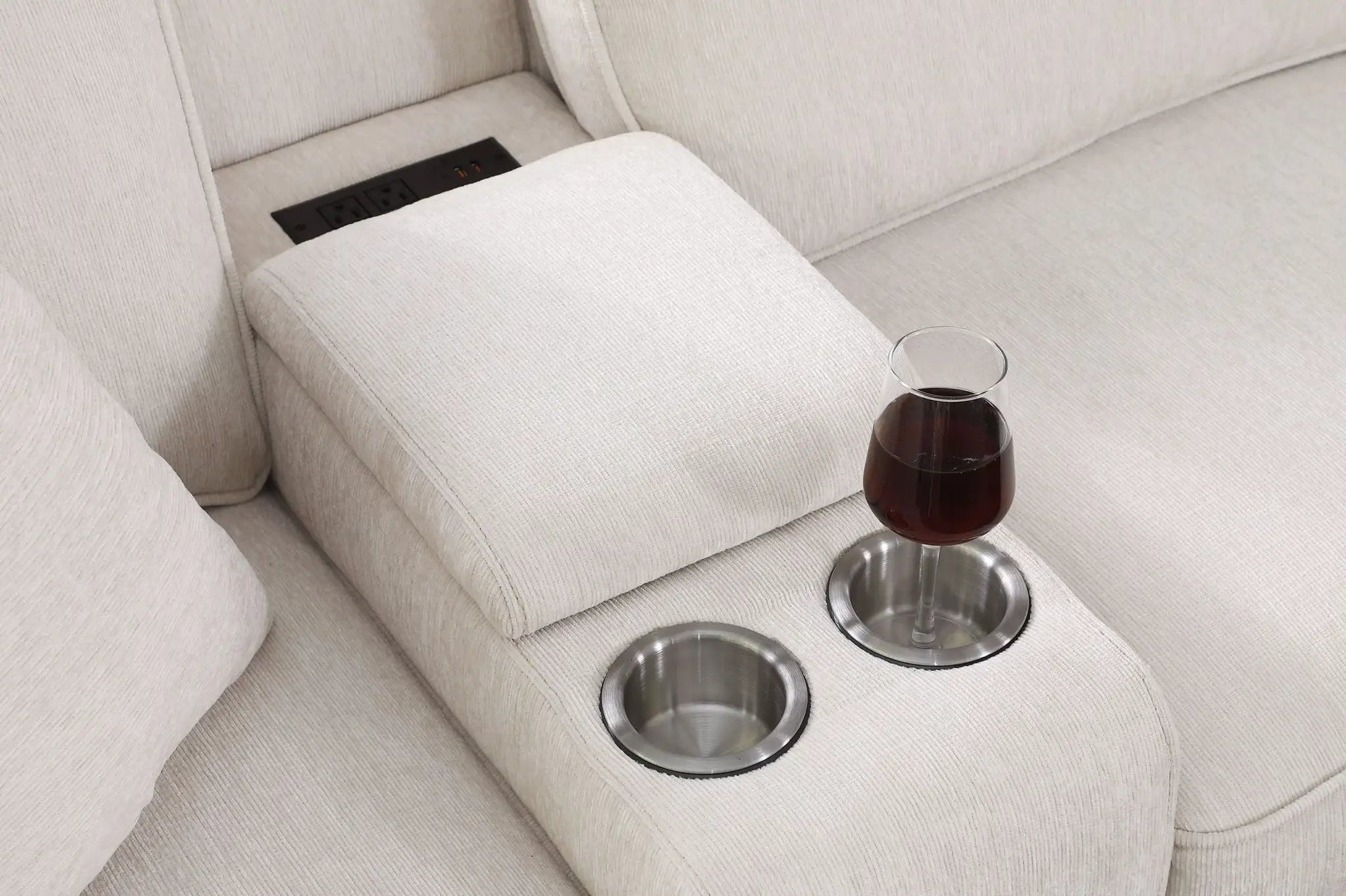 Beige Rene sectional sofa with ottoman in 2-piece set featuring built-in drink holders on Tampa Home & Garden Store