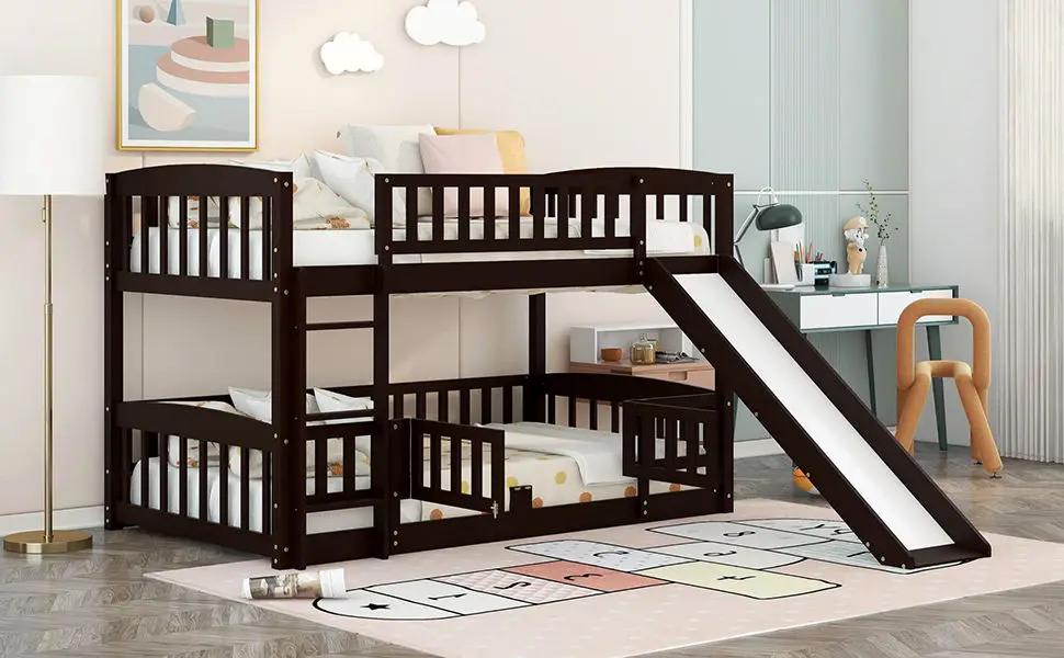 Low Bunk Bed With Slide Fence and Ladder