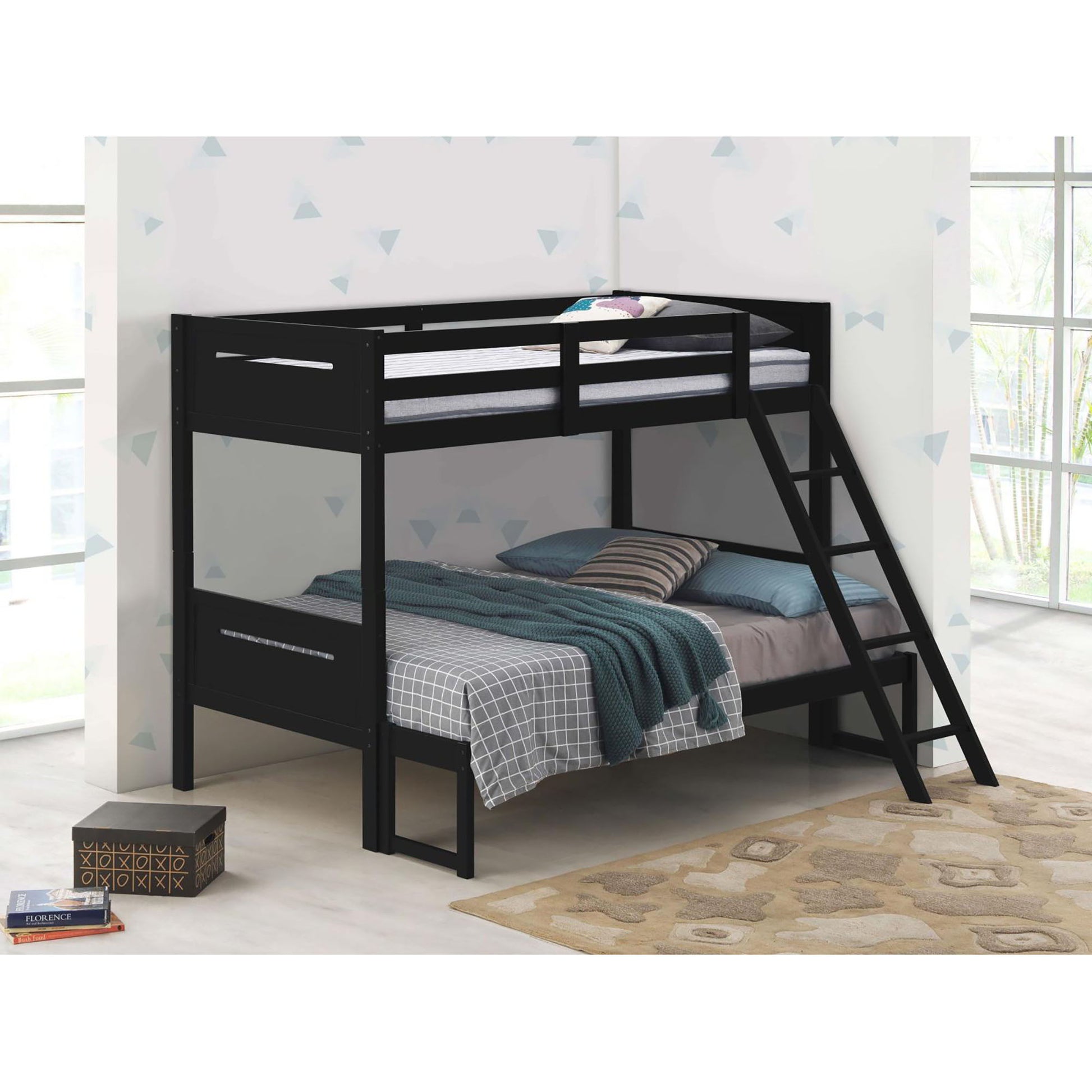 Black metal bunk bed with built-in ladder, guardrails, and angled access step on Tampa Home & Garden Store