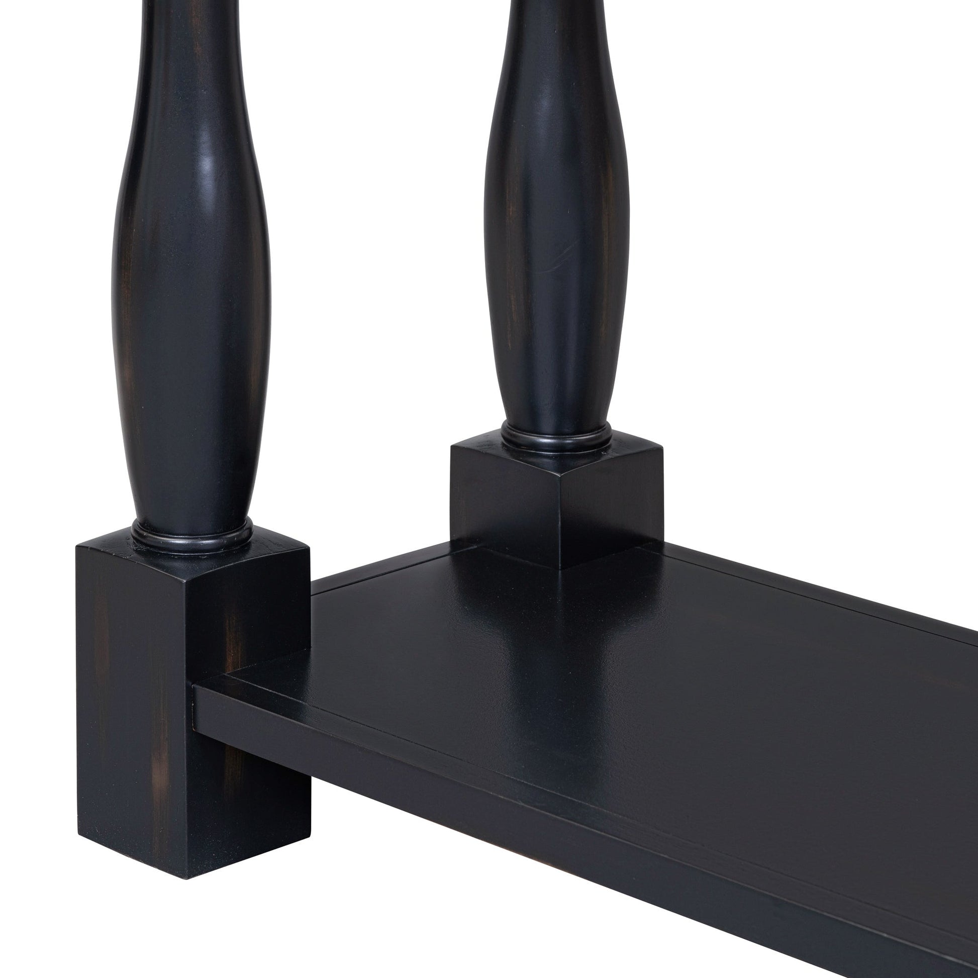 TREXM 63in black console table with cylindrical legs and square bases, lower shelf visible on Tampa Home & Garden Store
