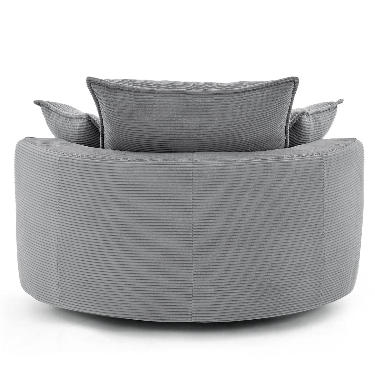 Swivel barrel chair with cushions in gray corduroy fabric, round seating for living rooms on Tampa Home & Garden Store