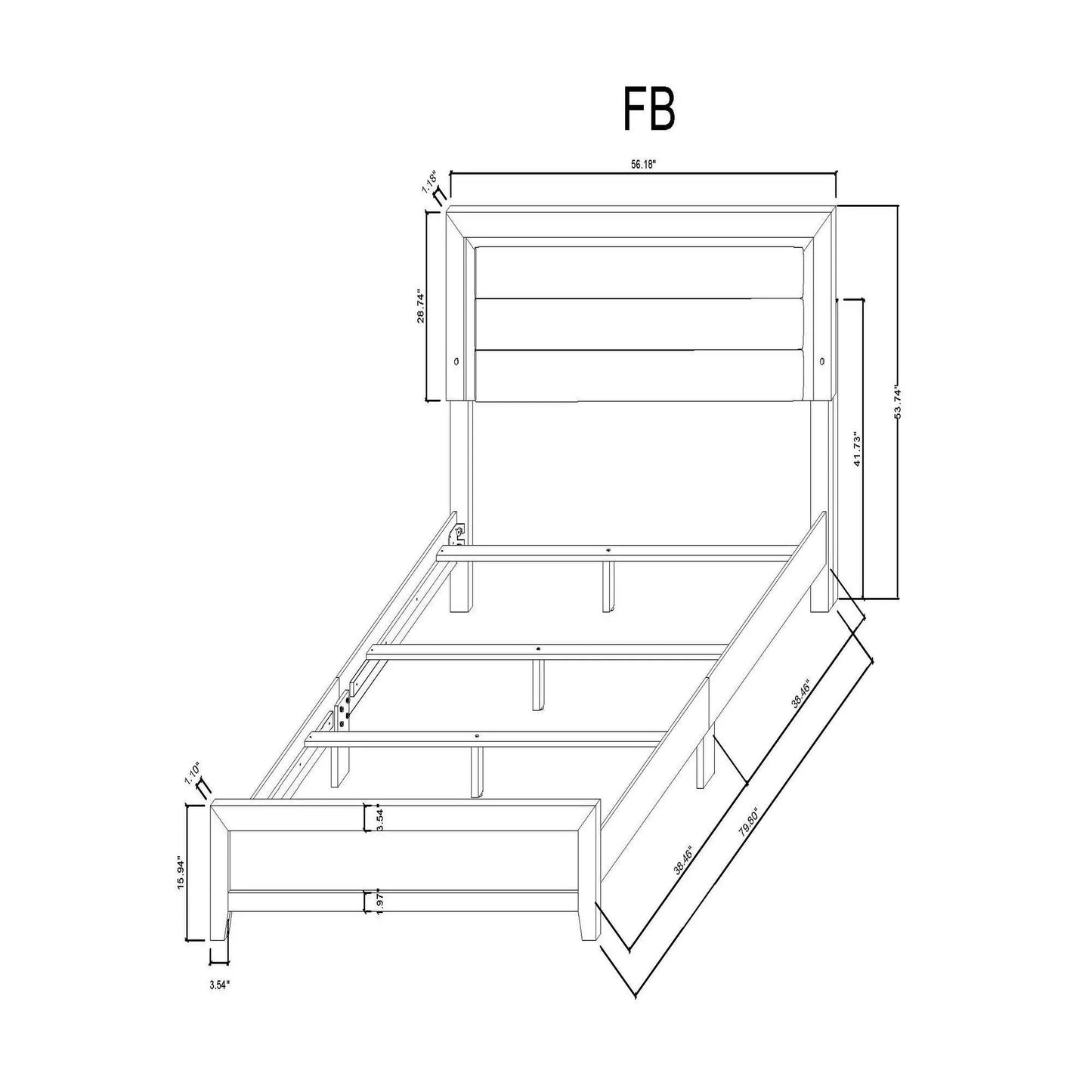 Omoda bed with LED blueprint: dimensioned platform bed frame with slats on Tampa Home & Garden Store