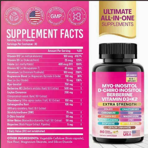 All-in-one supplement bottle with pink label and gold ribbon beside a pink Supplement Facts panel on Tampa Home & Garden Store