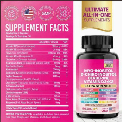 All-in-one supplement bottle with pink label and gold ribbon beside a pink Supplement Facts panel on Tampa Home & Garden Store