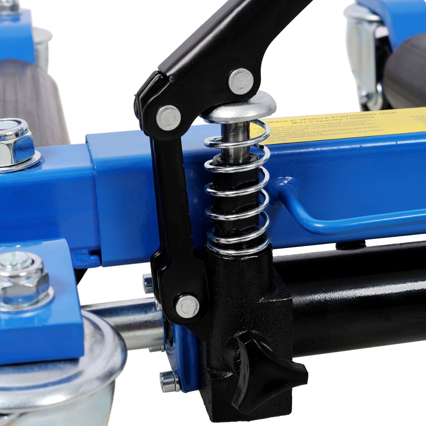 Hydraulic wheel dolly set of 2 with blue frame and black lifting arms, foot pedal lift on Tampa Home & Garden Store