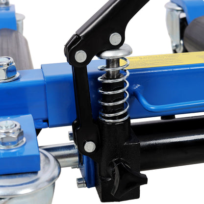Hydraulic wheel dolly set of 2 with blue frame and black lifting arms, foot pedal lift on Tampa Home & Garden Store