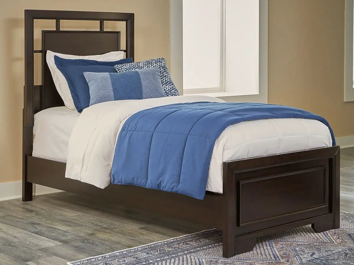 Covetown Panel Bed by Unique Piece Furniture in dark espresso wood with blue bedding on Tampa Home & Garden Store