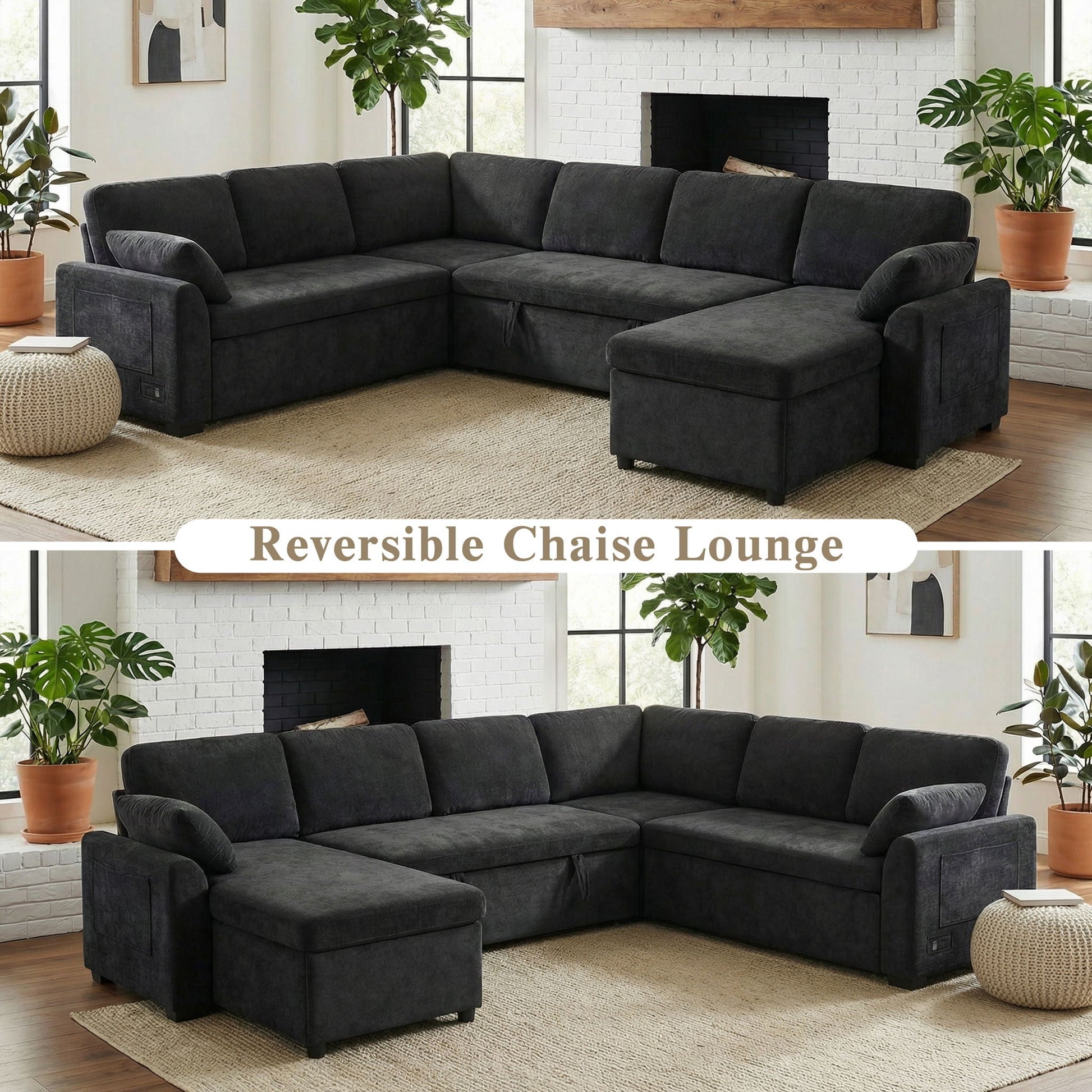 Convertible U-Shaped Sectional Sofa Bed with Reversible Chaise dark gray by HouseOfZazla on Tampa Home & Garden Store
