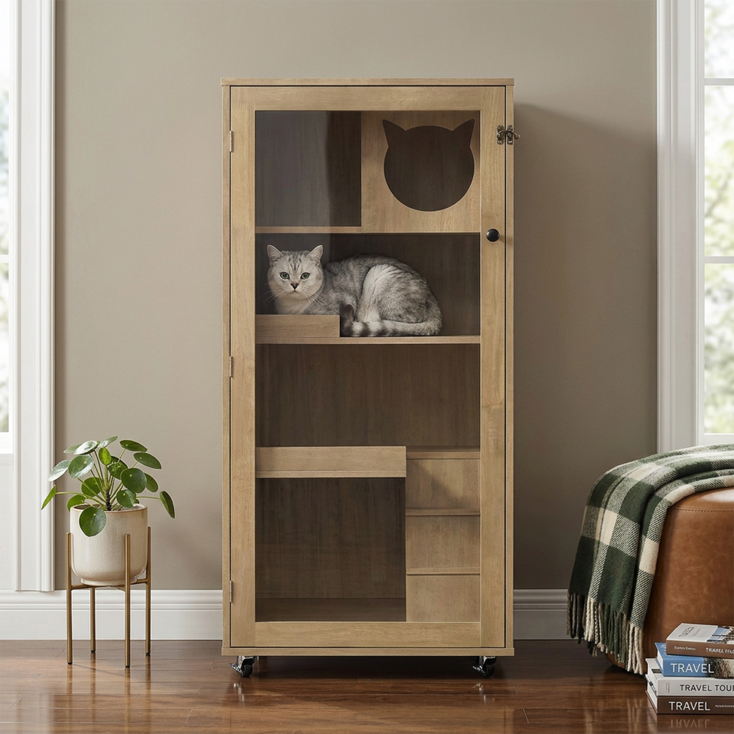 Basia Rubber Wood Cat Cabinet with Wheels, glass door cat silhouette on Tampa Home & Garden Store