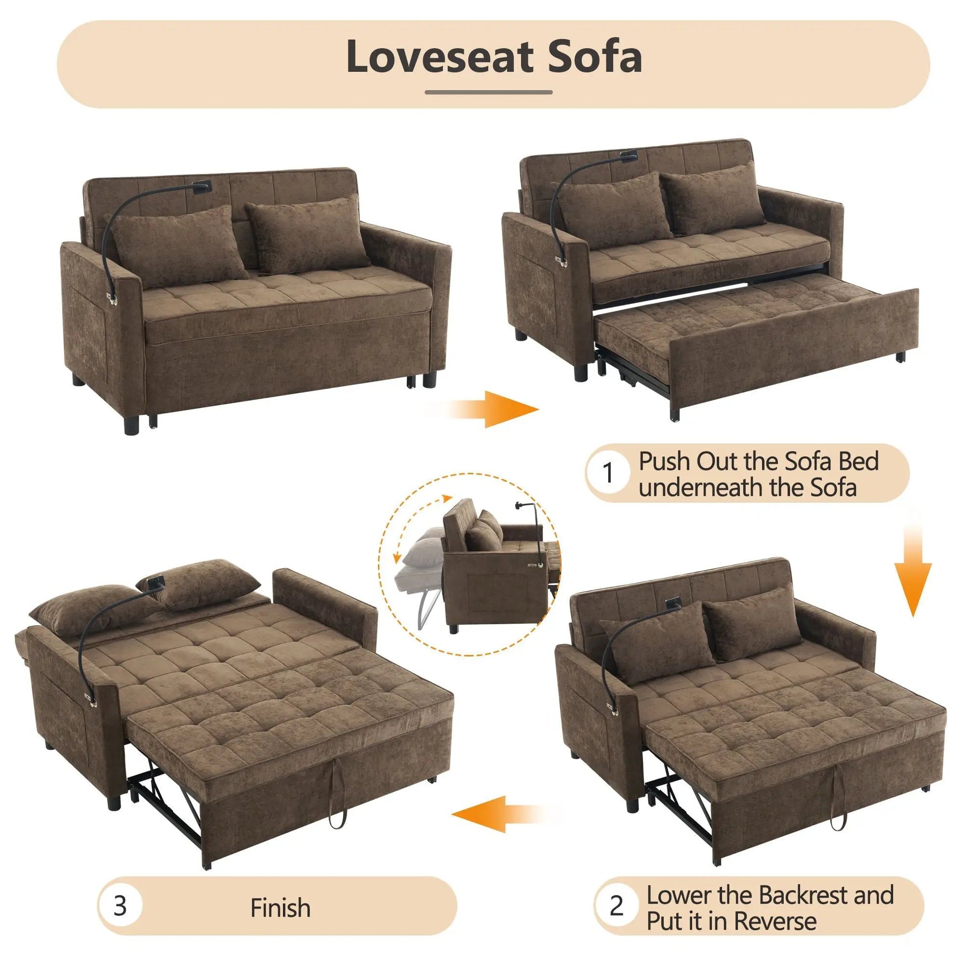 Pair of brown sleeper loveseats in fabric with pull-out bed by Unique Piece Furniture on Tampa Home & Garden Store