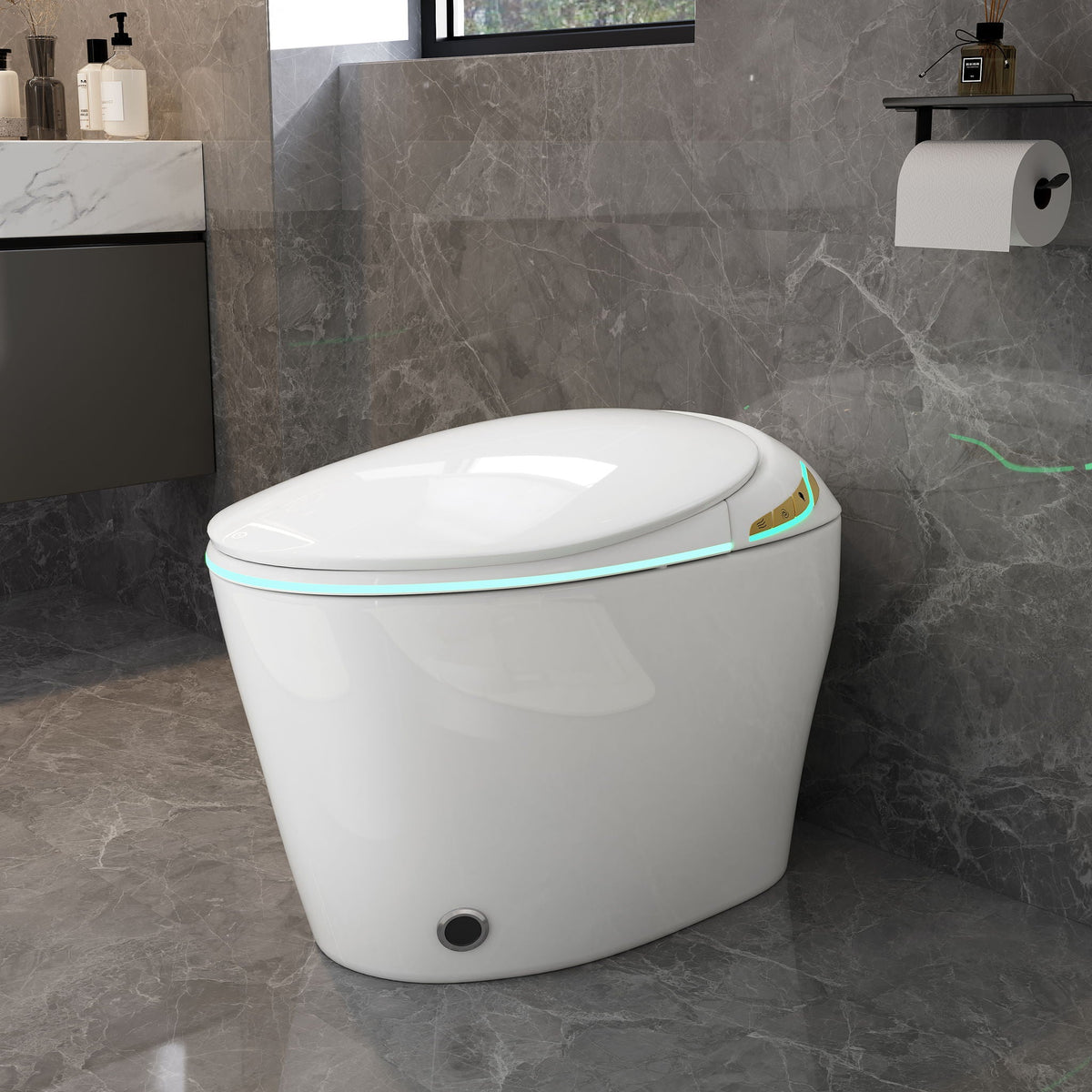 Smart toilet with ceramic bidet, white glossy finish and ambient LED lighting on base on Tampa Home & Garden Store