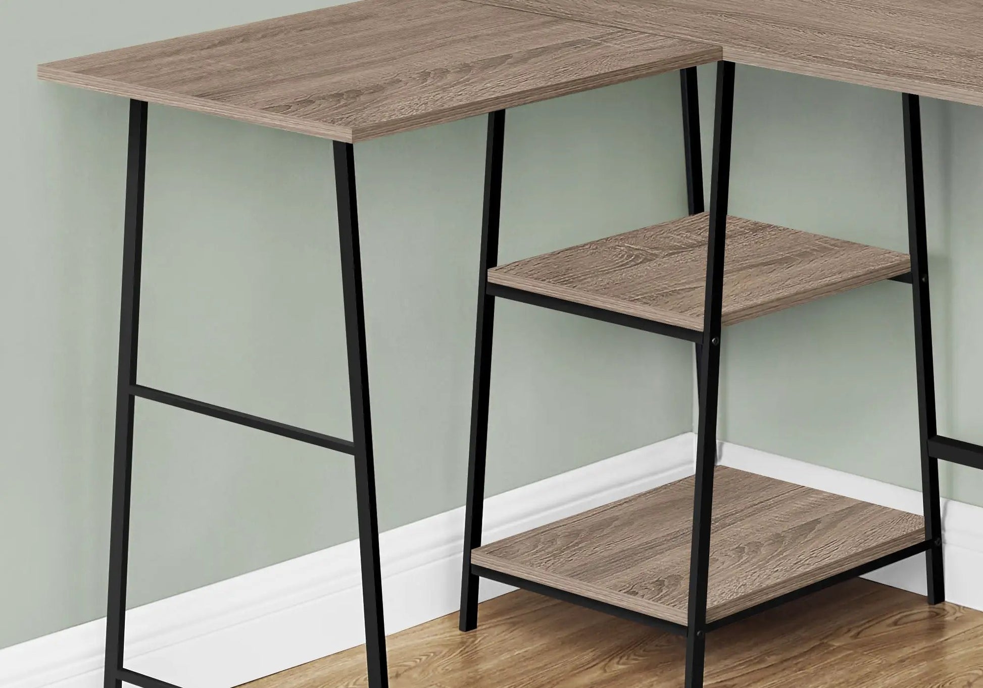 L-shaped corner desk with woodgrain top and black metal frame and built-in shelves on Tampa Home & Garden Store