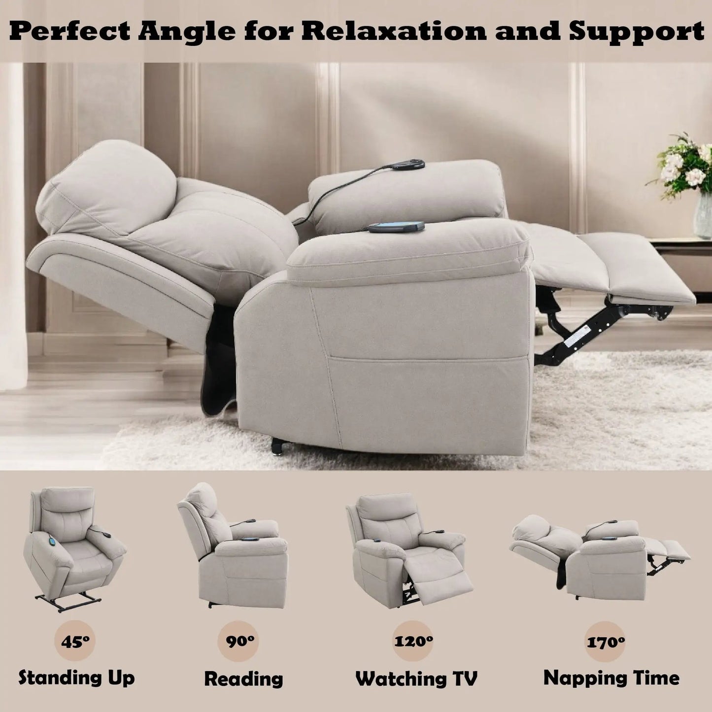 Chriki power motion recliner with lift, heating, massage chair in beige on Tampa Home & Garden Store